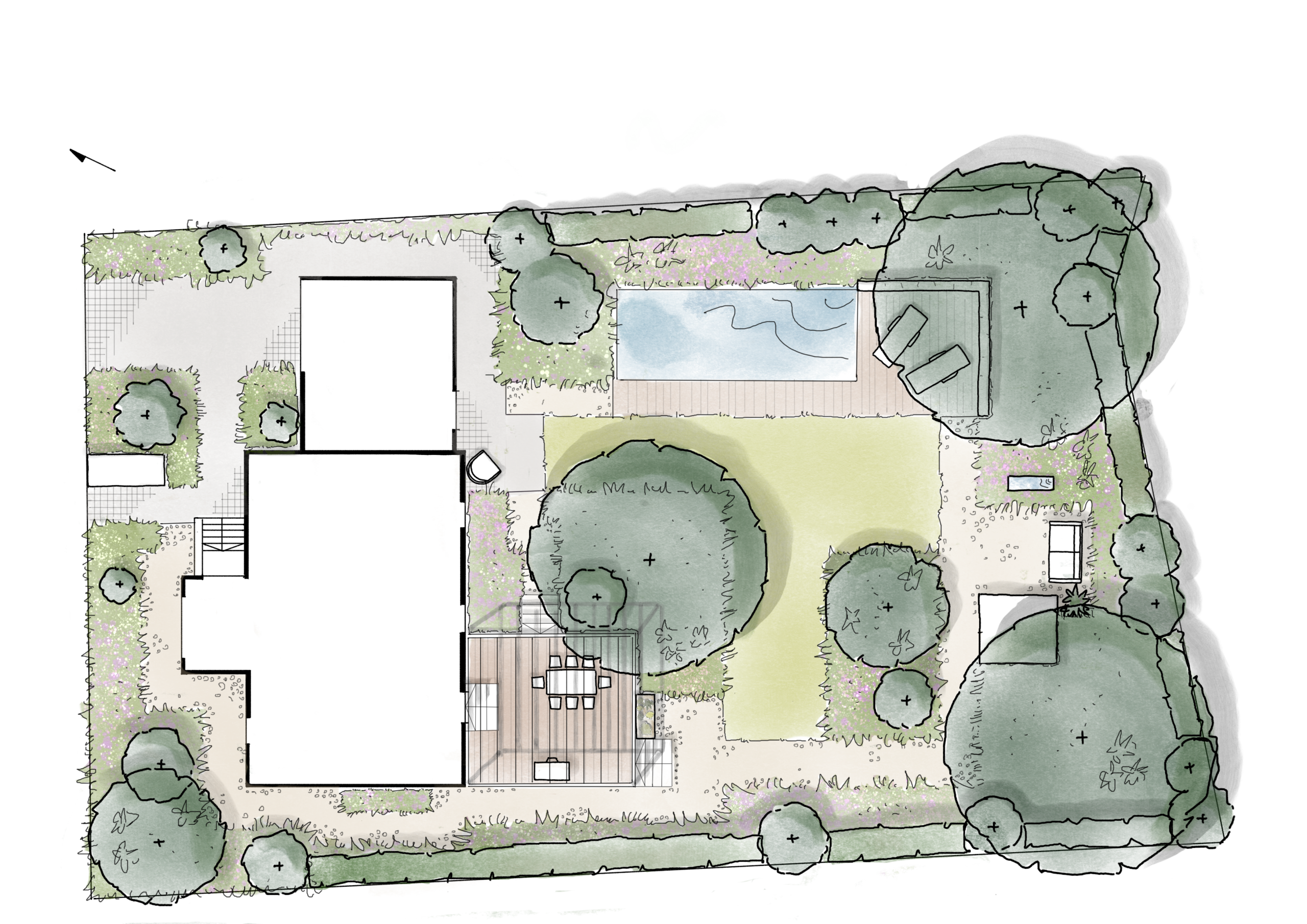 Gartenplanung: Handgezeichneter Entwurfsplan für einen Privatgarten mit Pool, Terrasse, Rasen und naturnaher Bepflanzung.