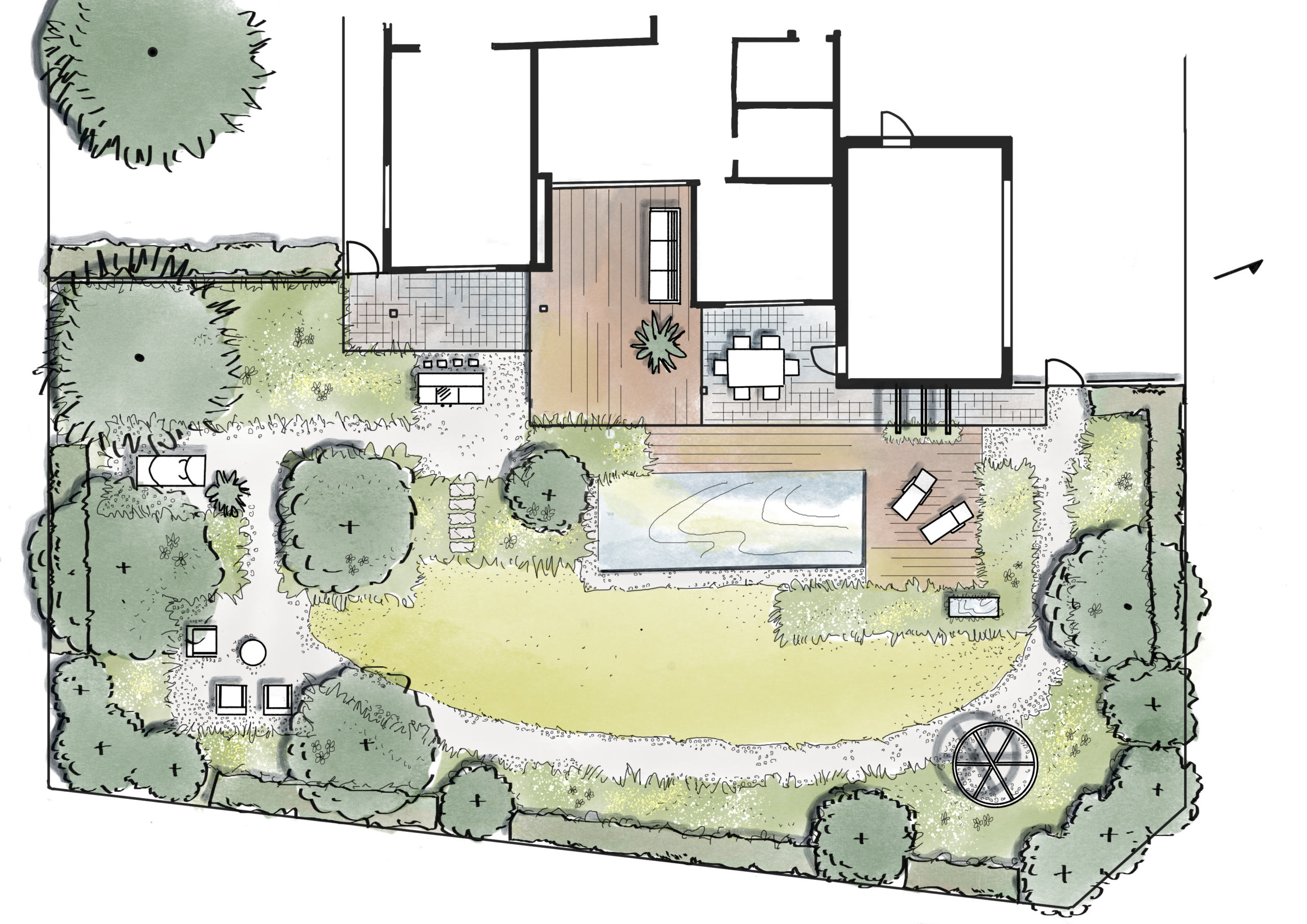 Handgezeichneter Entwurfsplan eines Privatgartens mit Pool, Terrasse, Rasen und naturnaher Bepflanzung.