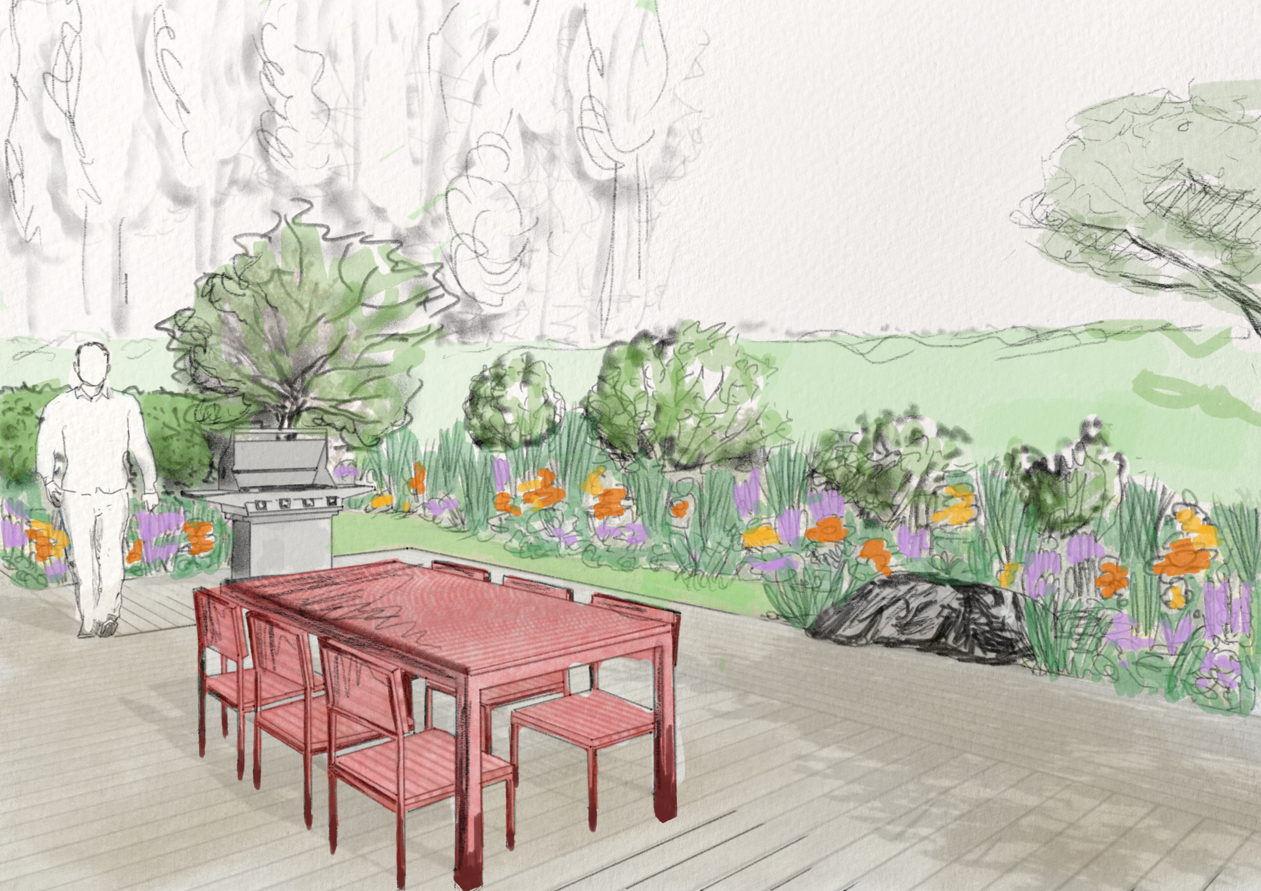 Handgezeichnete Gartenillustration mit Terrasse, Esstisch und blütenreicher Staudenbepflanzung.