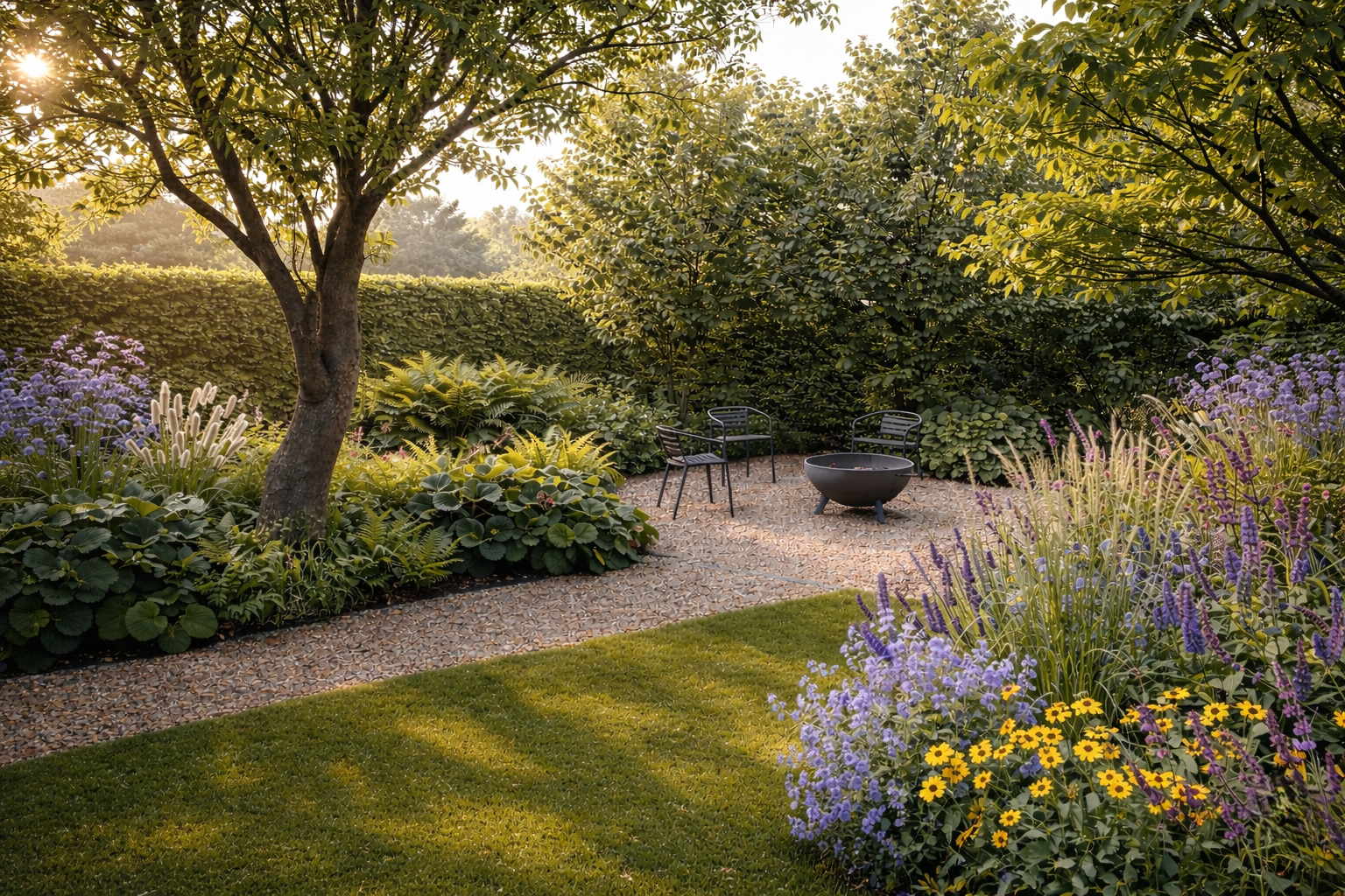 Naturnah gestalteter Garten mit Kiesweg, Sitzplatz und üppiger Staudenbepflanzung.