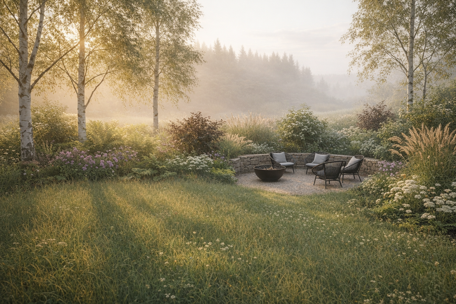 Sitzplatz in einem naturnahen Garten mit Gräsern, Stauden und morgendlicher Lichtstimmung.