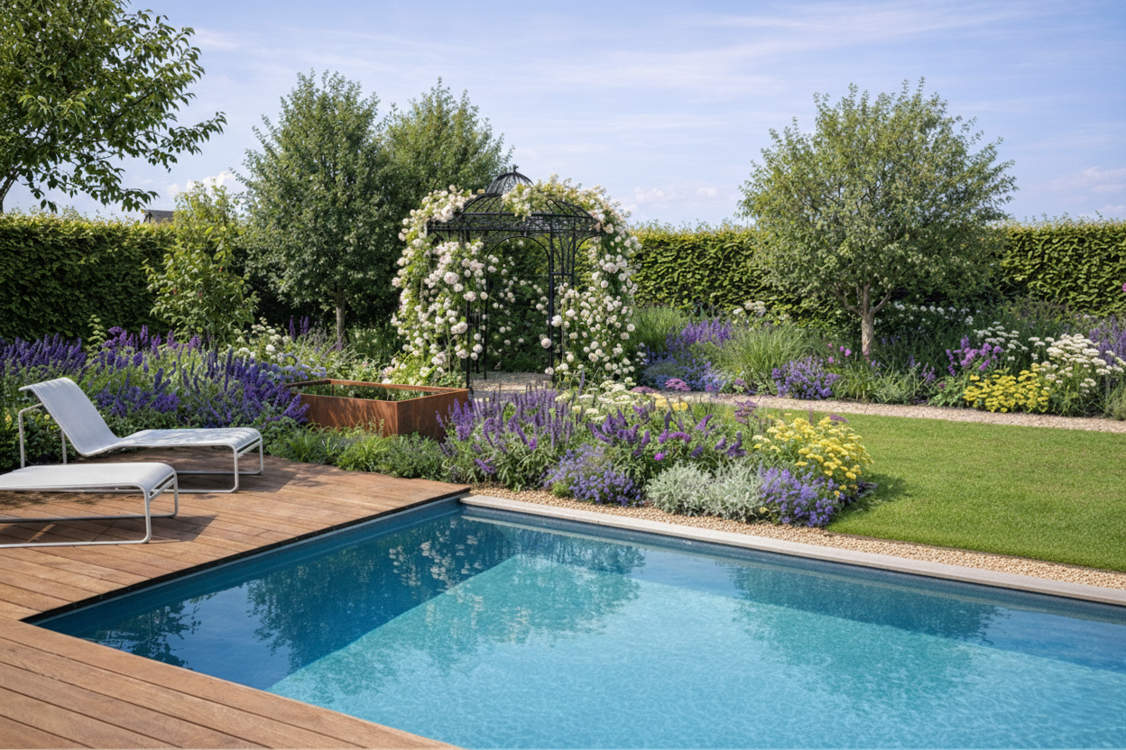 Moderne Gartenplanung mit Pool und klarer Struktur – NG Gartendesign.