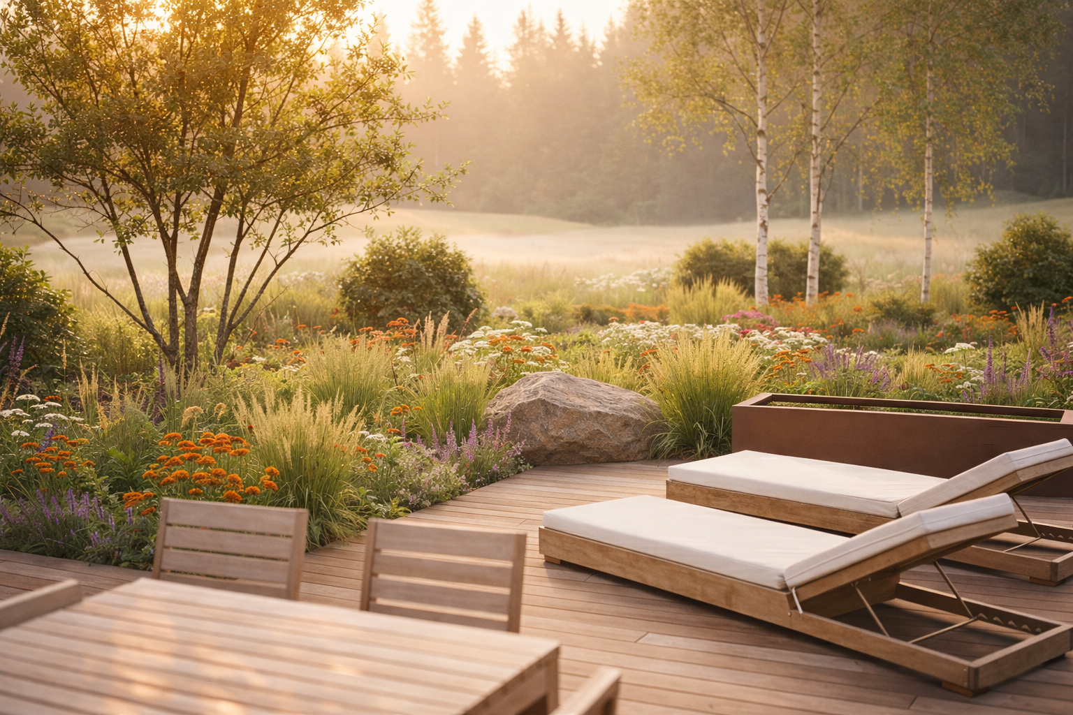 Terrasse mit Holzdeck, blütenreichen Staudenbeeten und Blick in einen naturnahen Garten.