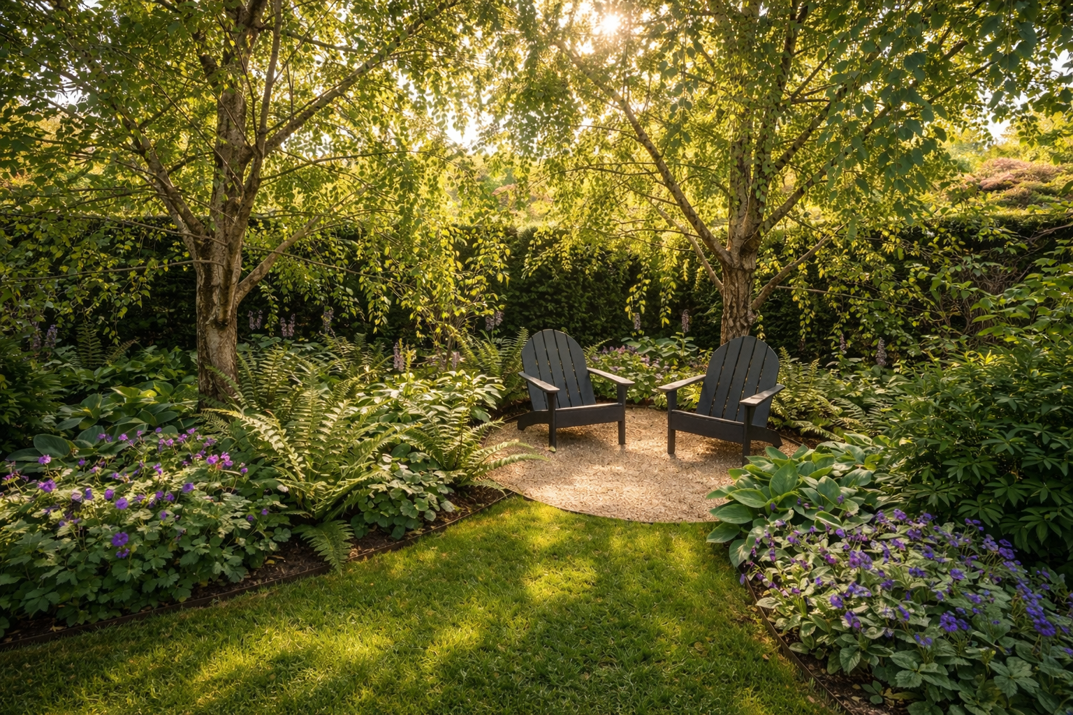 Sitzplatz mit Adirondack-Stühlen in einem schattigen, naturnah gestalteten Garten mit Staudenbeeten.