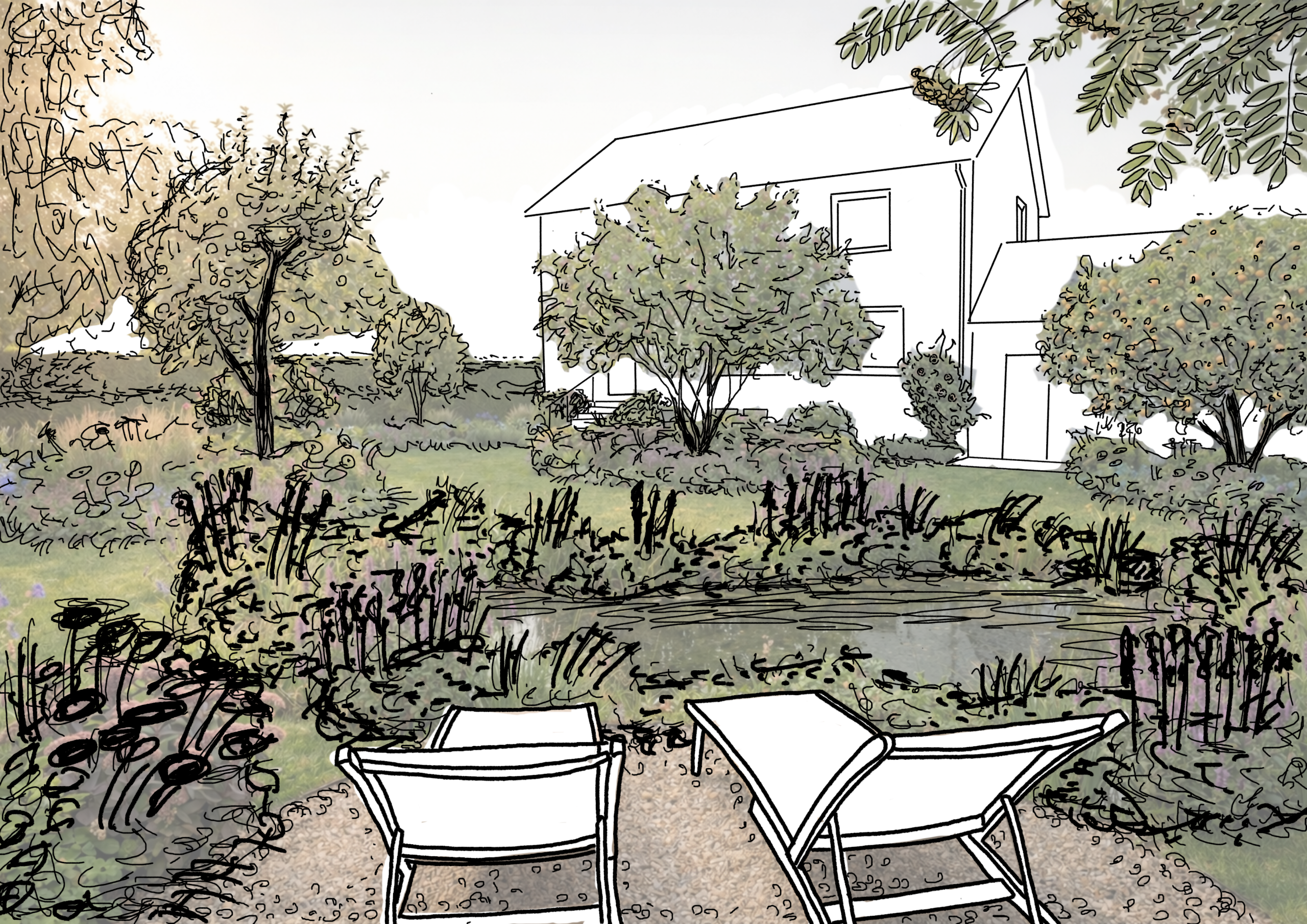 Handgezeichnete Illustration einer Gartenplanung mit Liegestühlen, Staudenbeeten und Gehölzen.