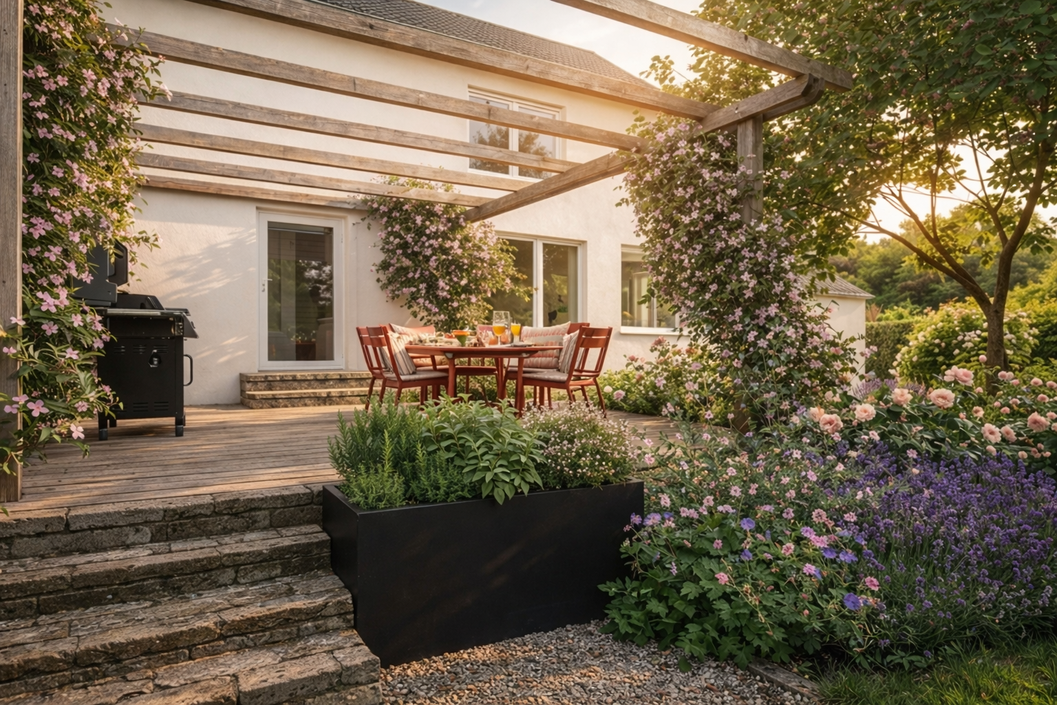 3D-Visualisierung einer Gartenplanung mit Terrasse, Pergola und blütenreichen Staudenbeeten.