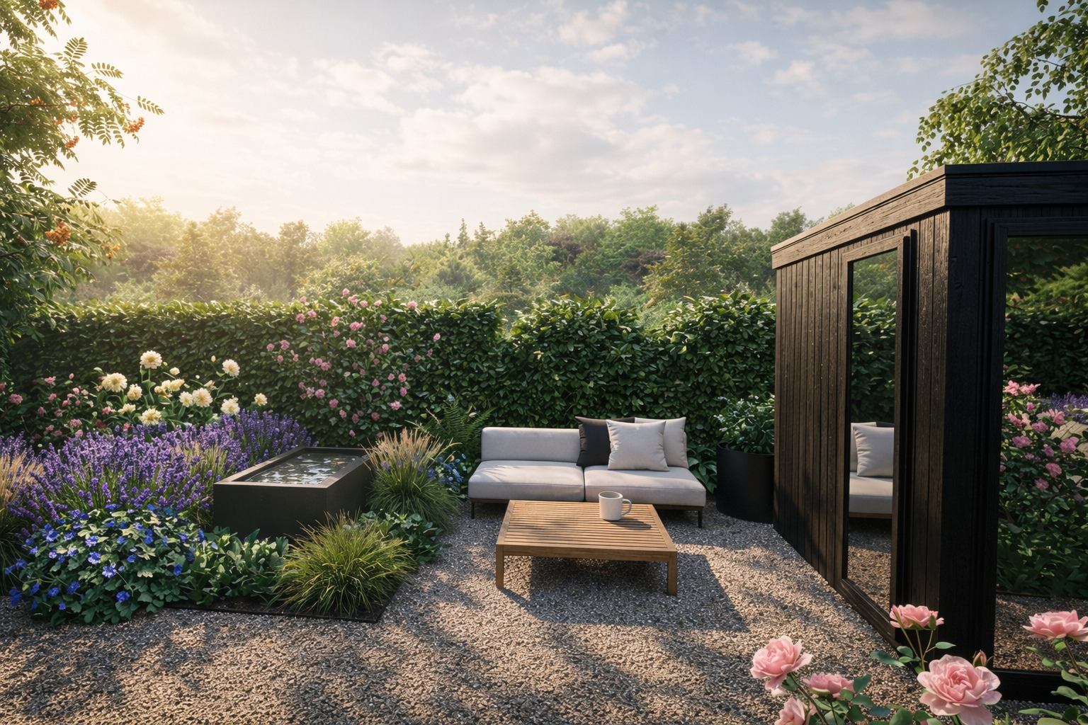 3D-Visualisierung eines naturnahen Gartens mit Lounge, Staudenbeeten und Sichtschutzhecke.