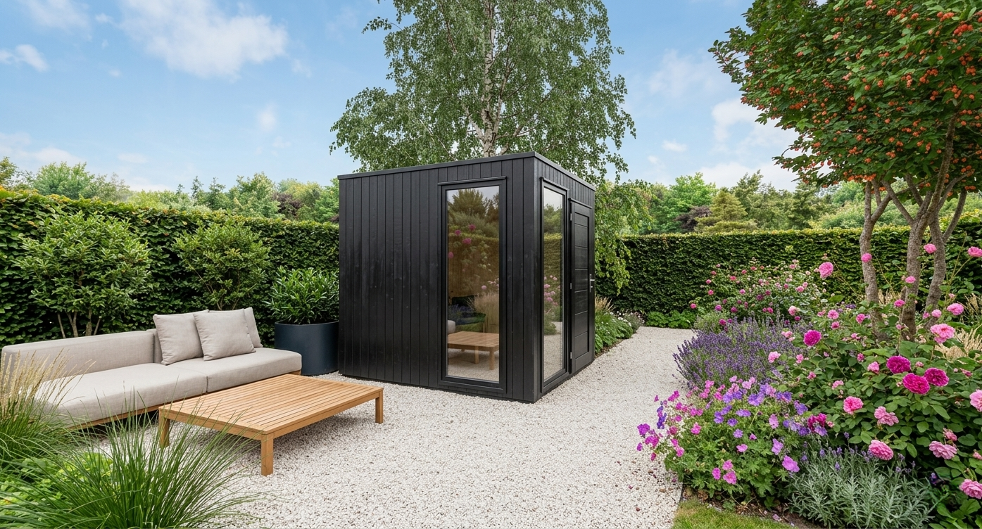 3D-Visualisierung eines naturnah gestalteten Gartens mit modernem Gartenhaus, Kiesfläche und Staudenbeeten.