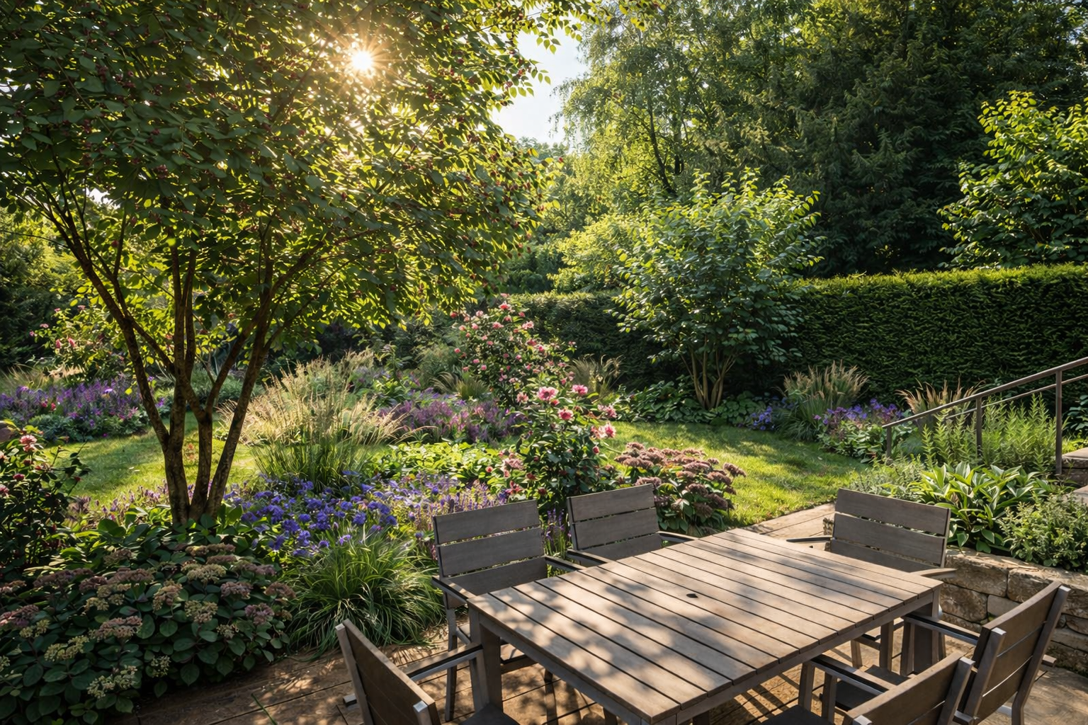 Terrasse in einem naturnahen Garten mit Staudenbeeten im warmen Morgenlicht.