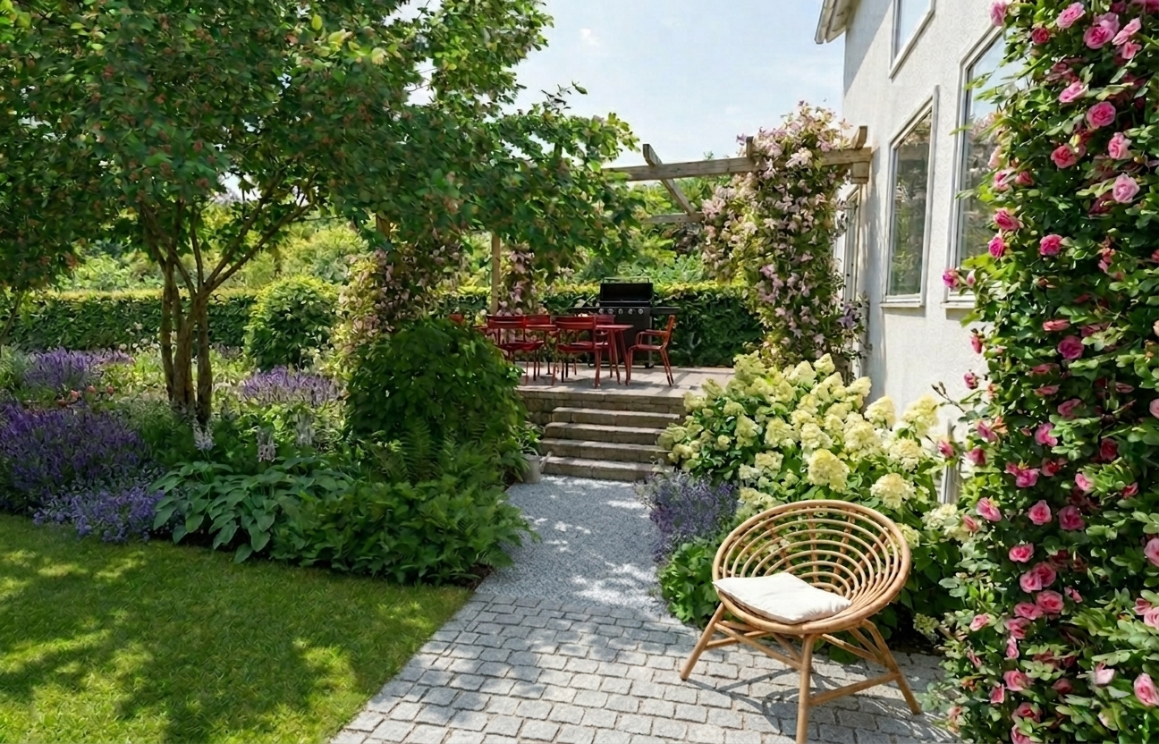 3D-Visualisierung eines naturnah gestalteten Gartens mit Weg, Terrasse, Pergola und blütenreichen Staudenbeeten.