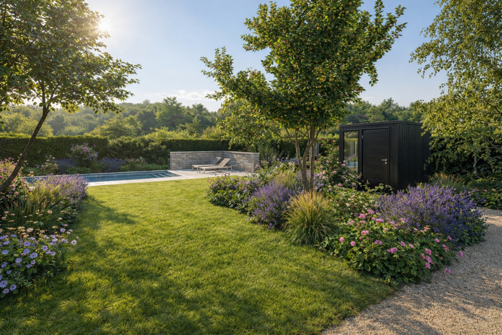 3D-Visualisierung einer Gartenplanung mit Pool, Rasen und naturnahen Staudenbeeten.